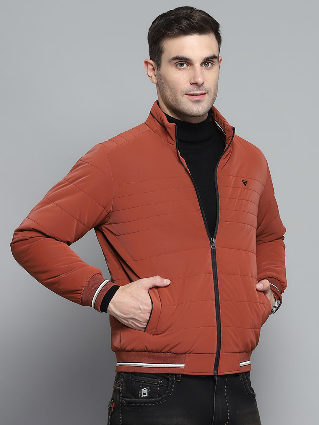 Men Red Solid Mock Neck Full Sleeve Jacket