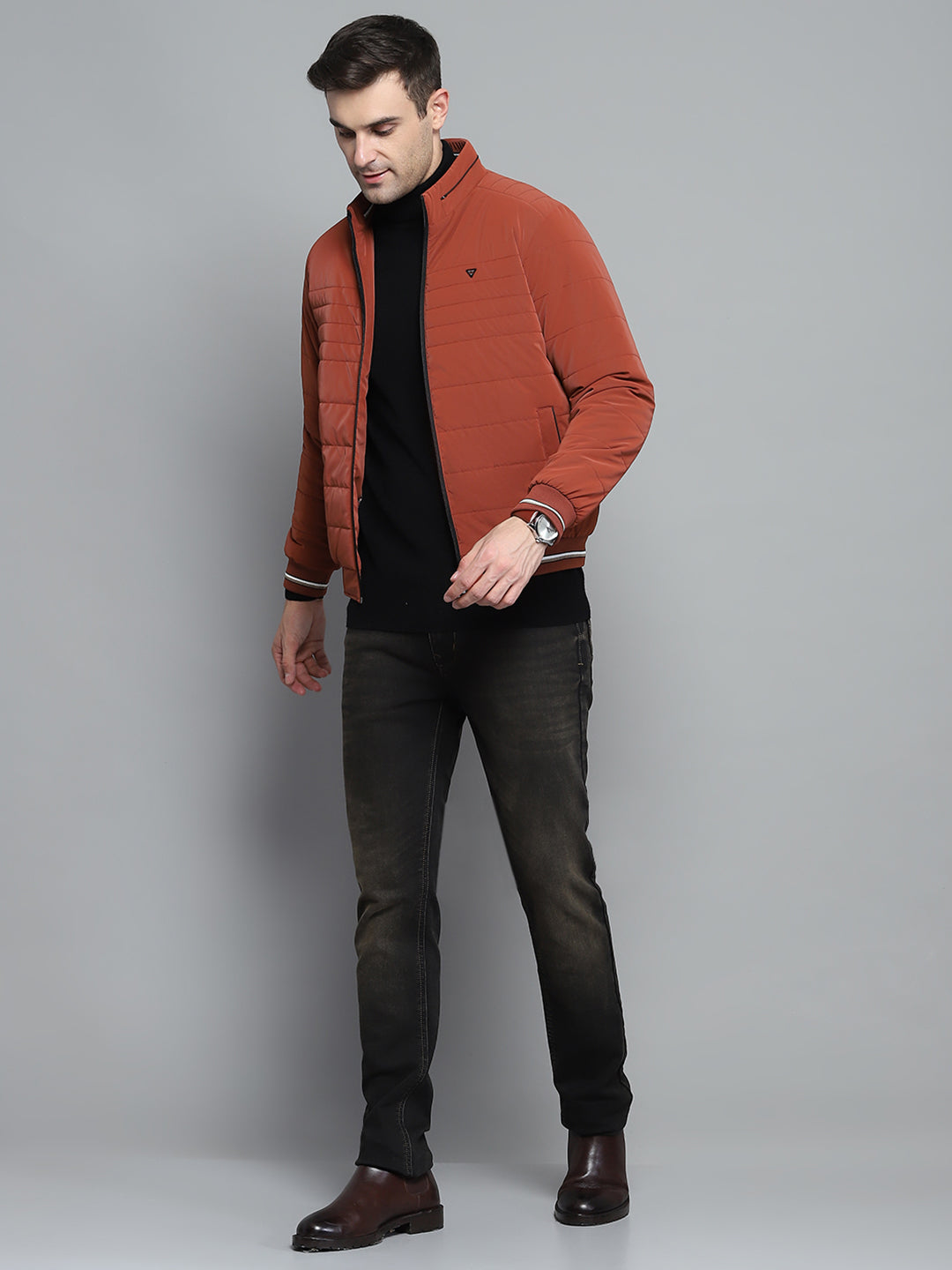 Men Red Solid Mock Neck Full Sleeve Jacket