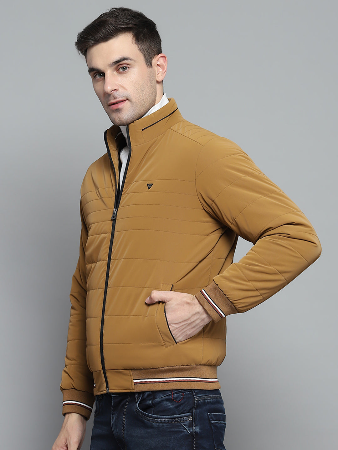 Men Mustard Solid Mock Neck Full Sleeve Jacket