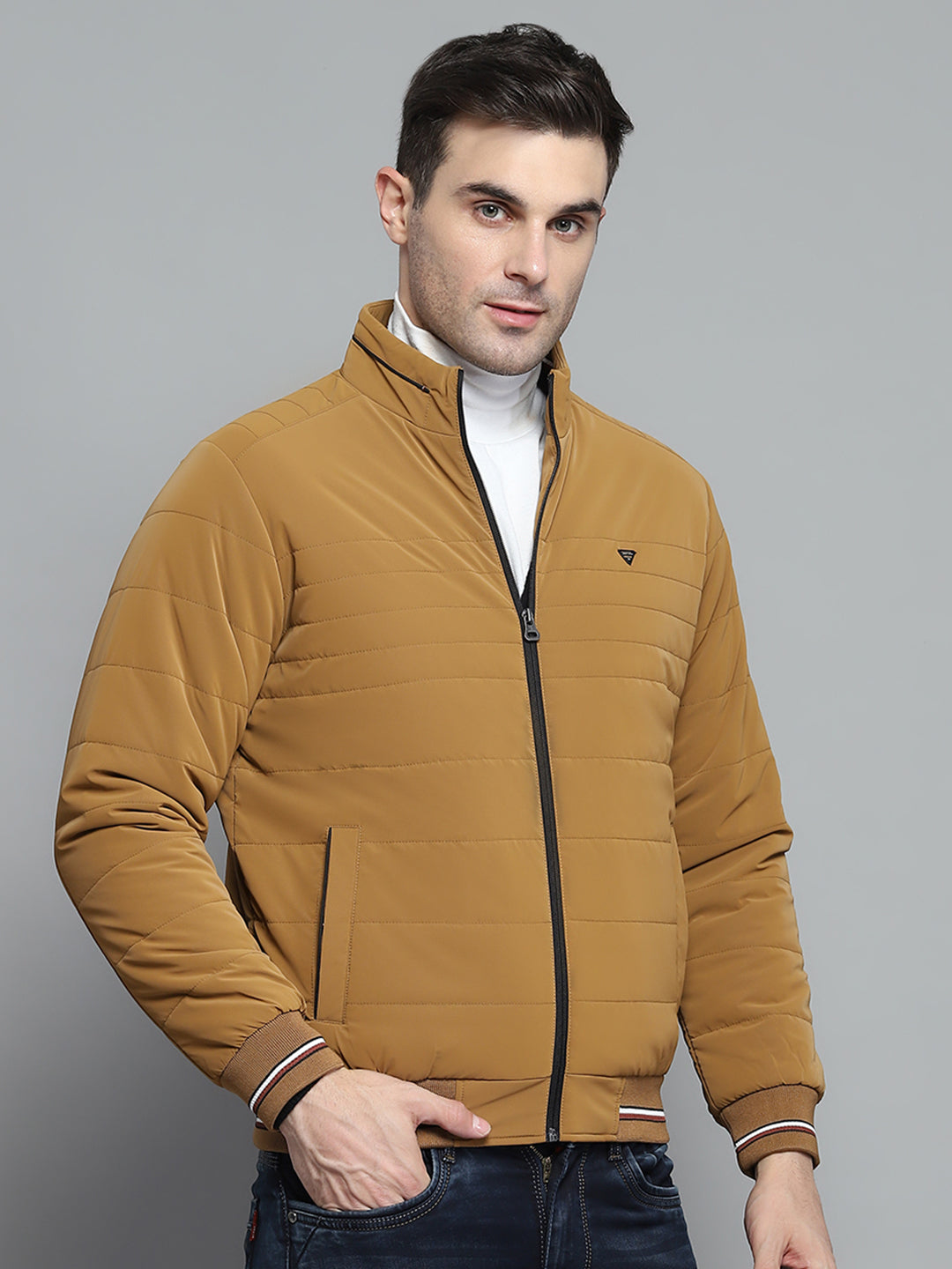 Men Mustard Solid Mock Neck Full Sleeve Jacket