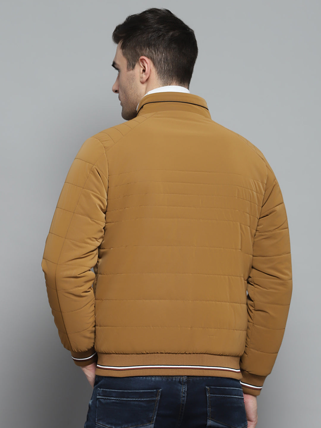 Men Mustard Solid Mock Neck Full Sleeve Jacket