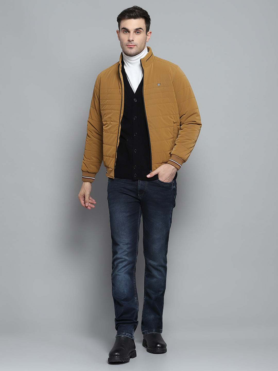 Men Mustard Solid Mock Neck Full Sleeve Jacket