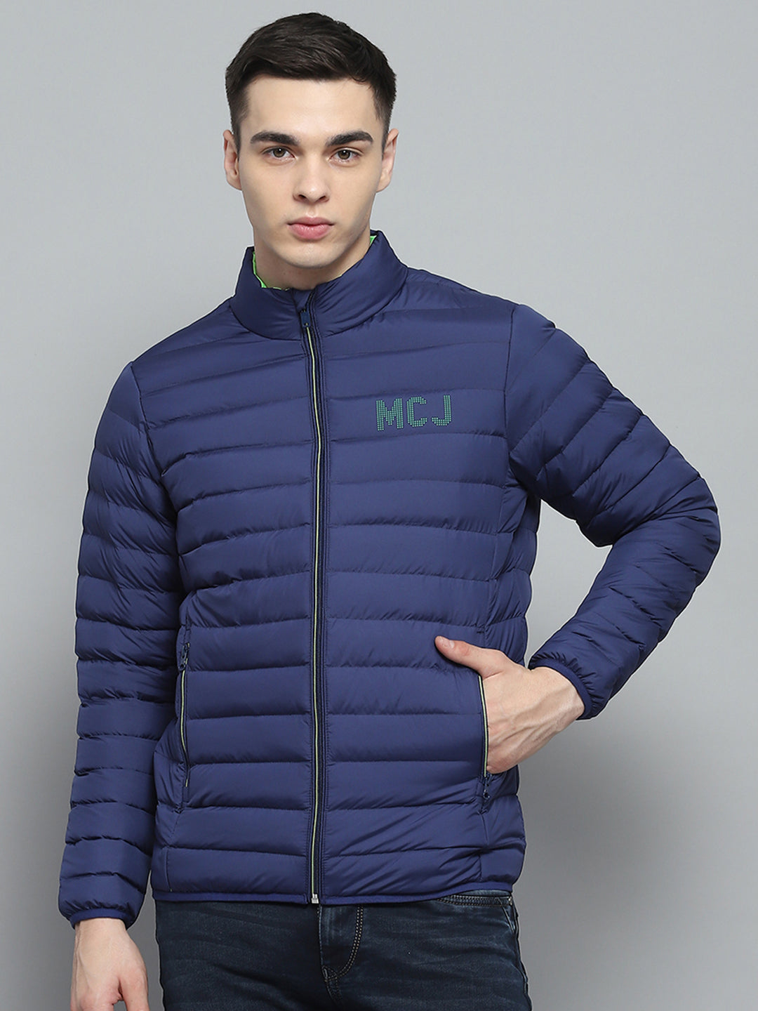 Men Blue Solid Mock Neck Full Sleeve Jacket