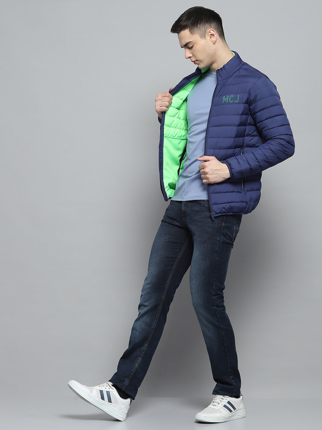 Men Blue Solid Mock Neck Full Sleeve Jacket