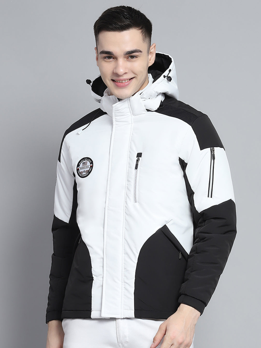 Men White Solid Hooded Full Sleeve Jacket