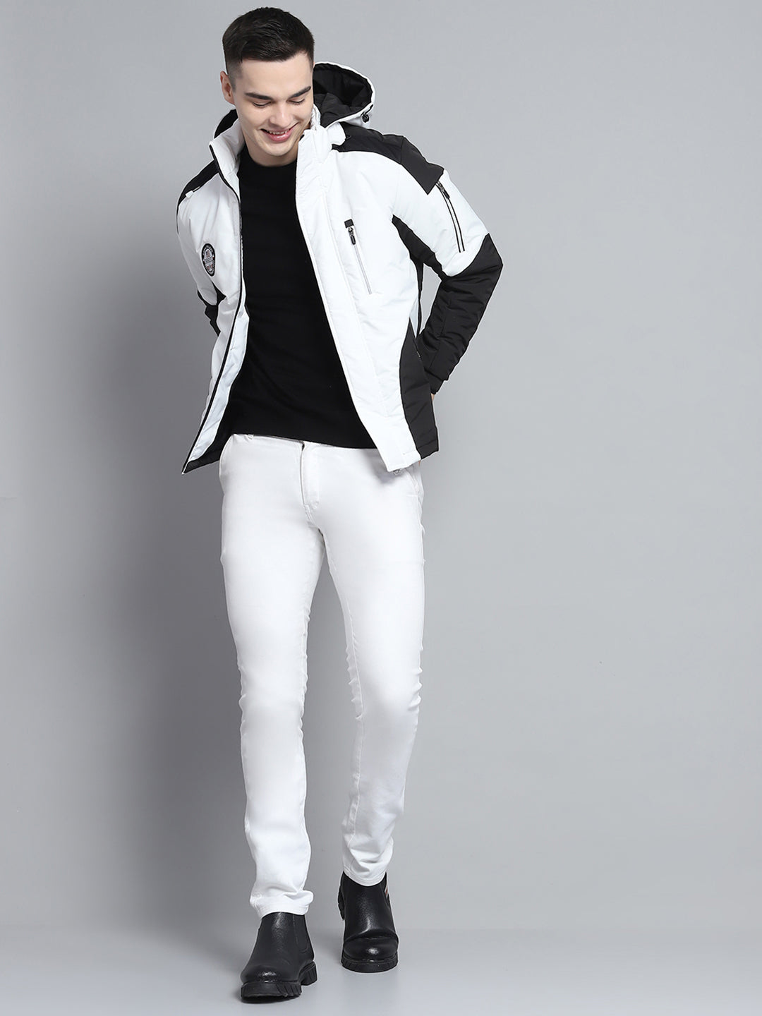 Men White Solid Hooded Full Sleeve Jacket