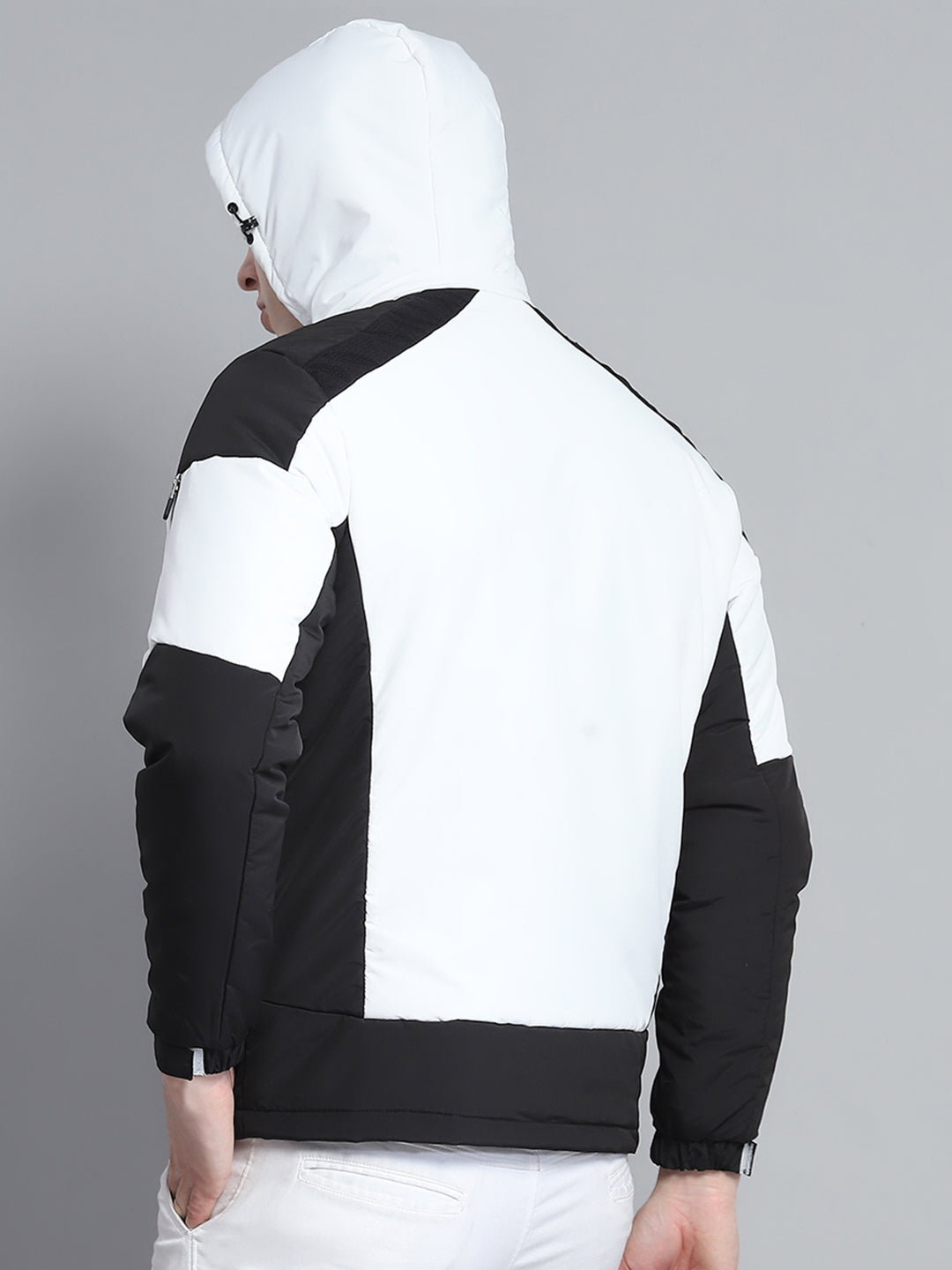 Men White Solid Hooded Full Sleeve Jacket