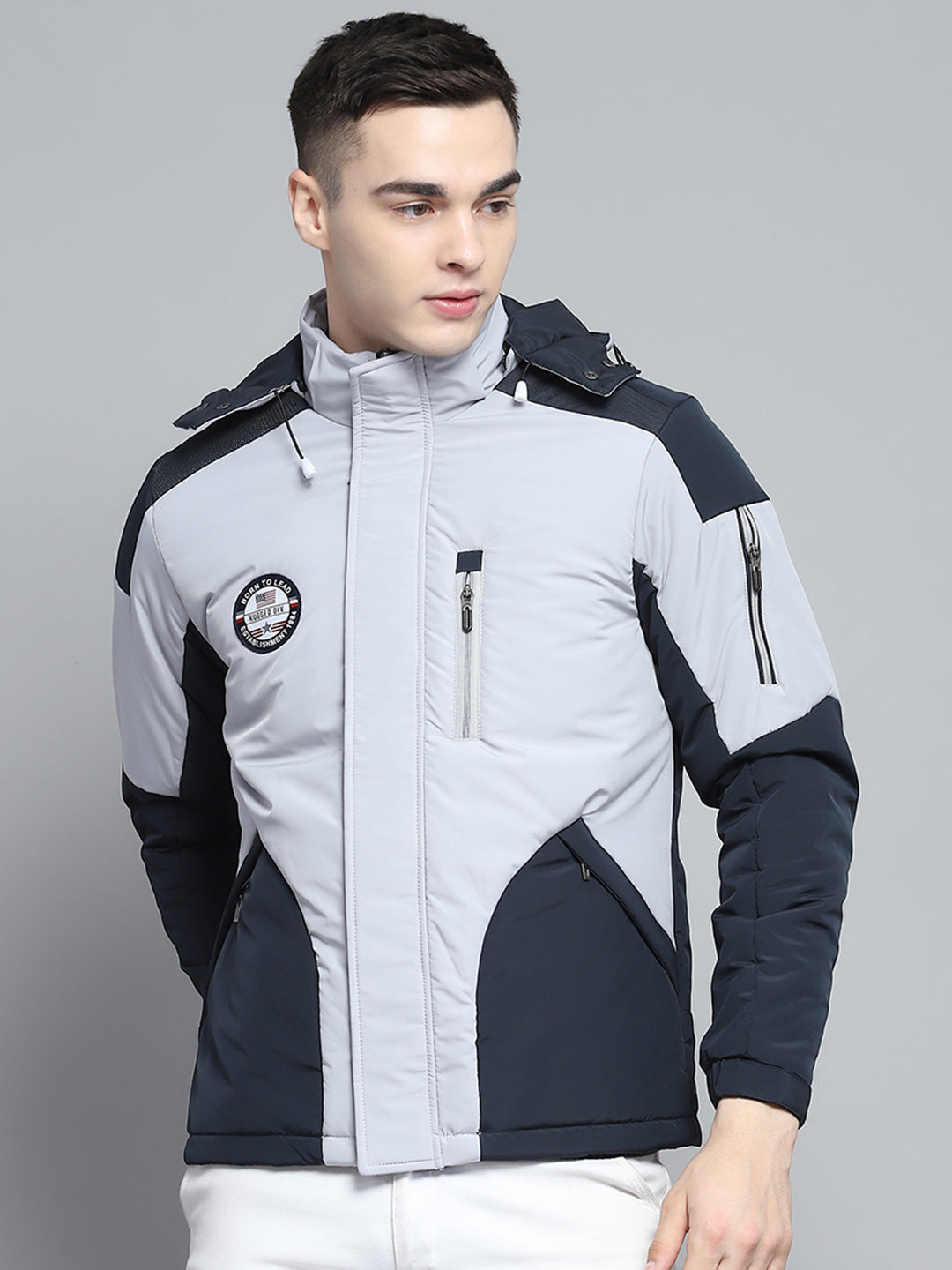 Men Grey Solid Hooded Full Sleeve Jacket