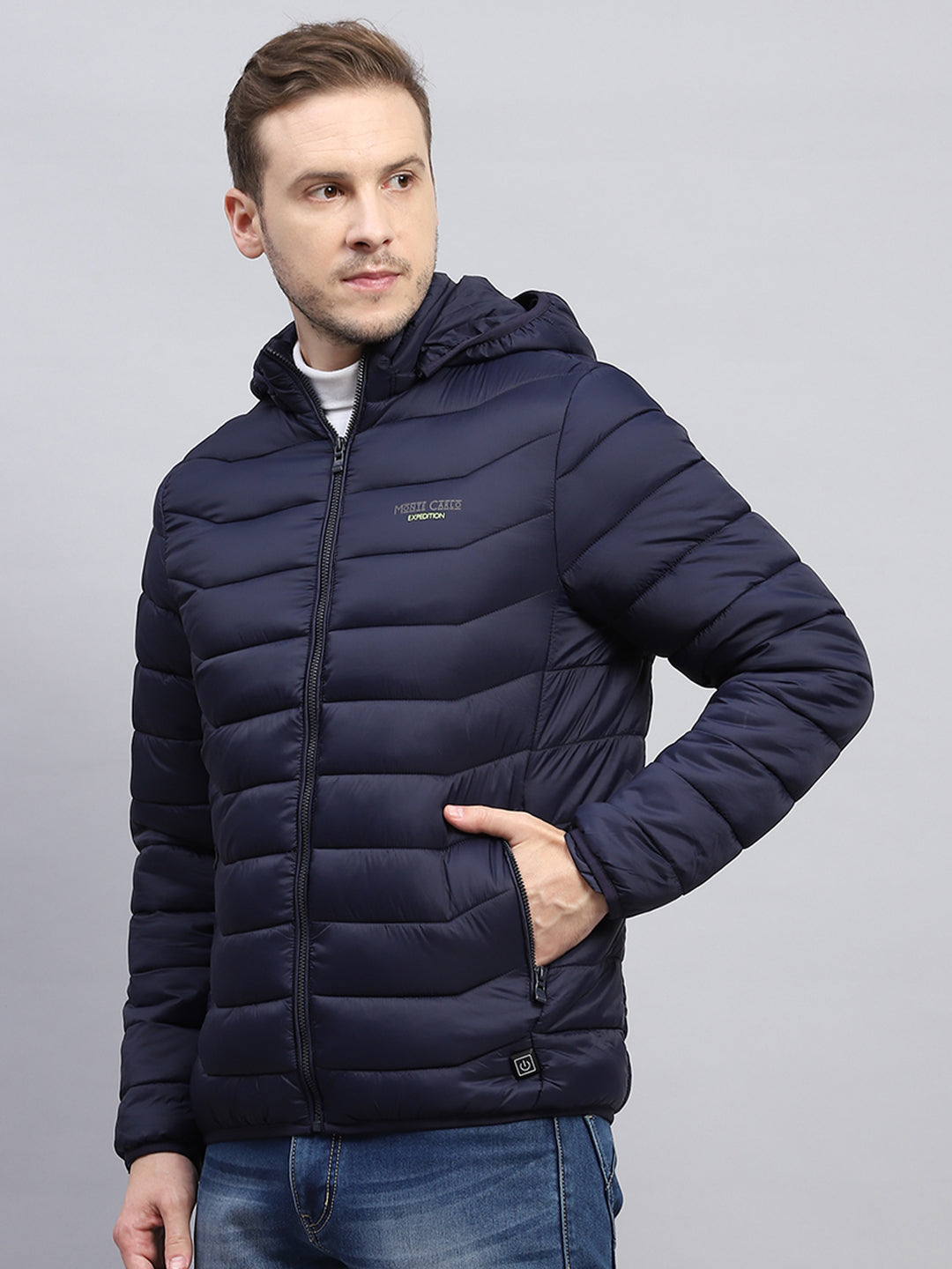 Men Navy Blue Solid Hooded Full Sleeve Jacket