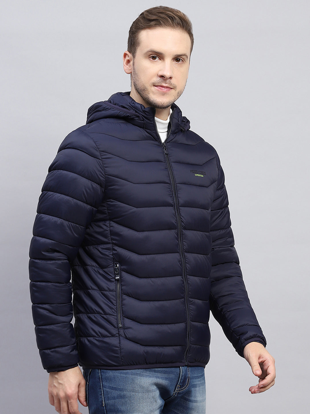 Men Navy Blue Solid Hooded Full Sleeve Jacket