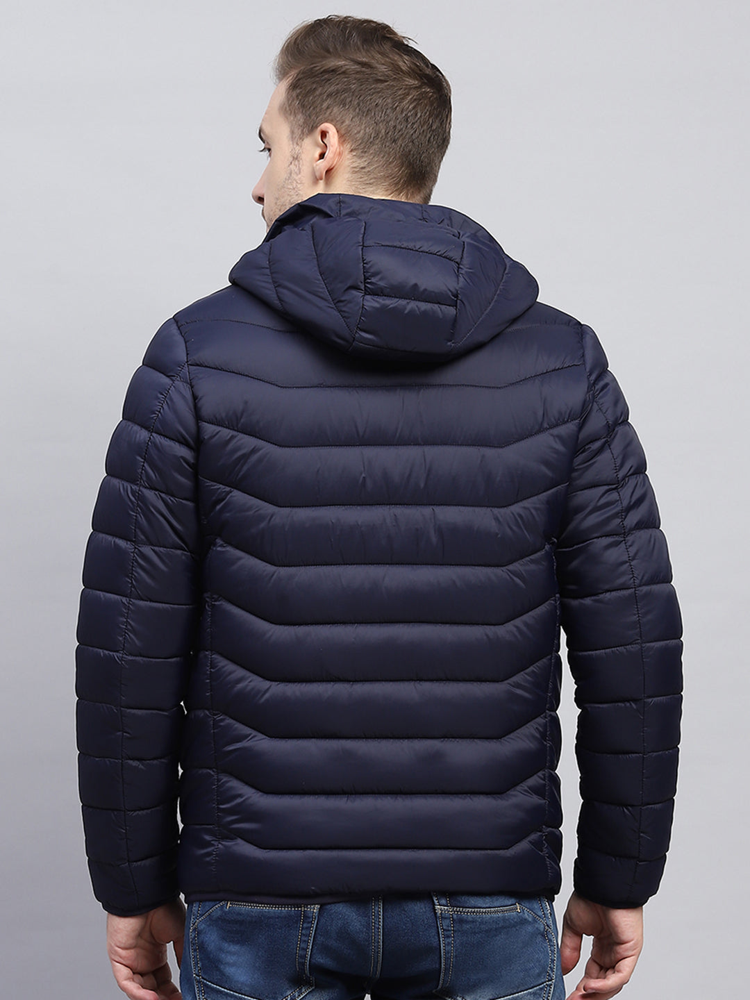 Men Navy Blue Solid Hooded Full Sleeve Jacket