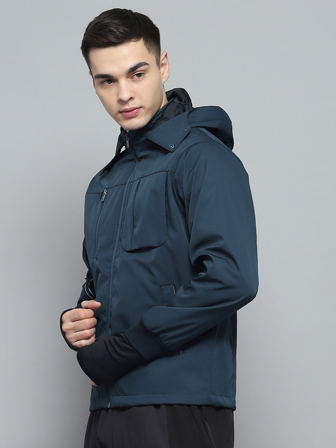 Men Teal Blue Solid Detachable Hood Full Sleeve Jacket