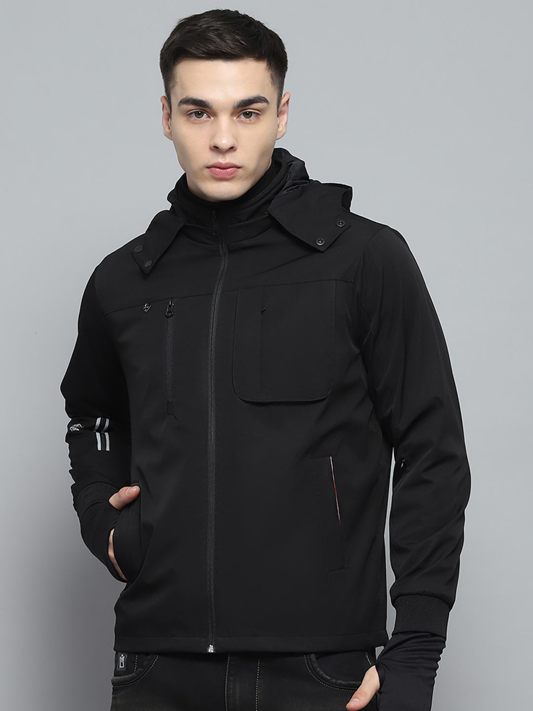 Men Black Solid Detachable Hood Full Sleeve Jacket