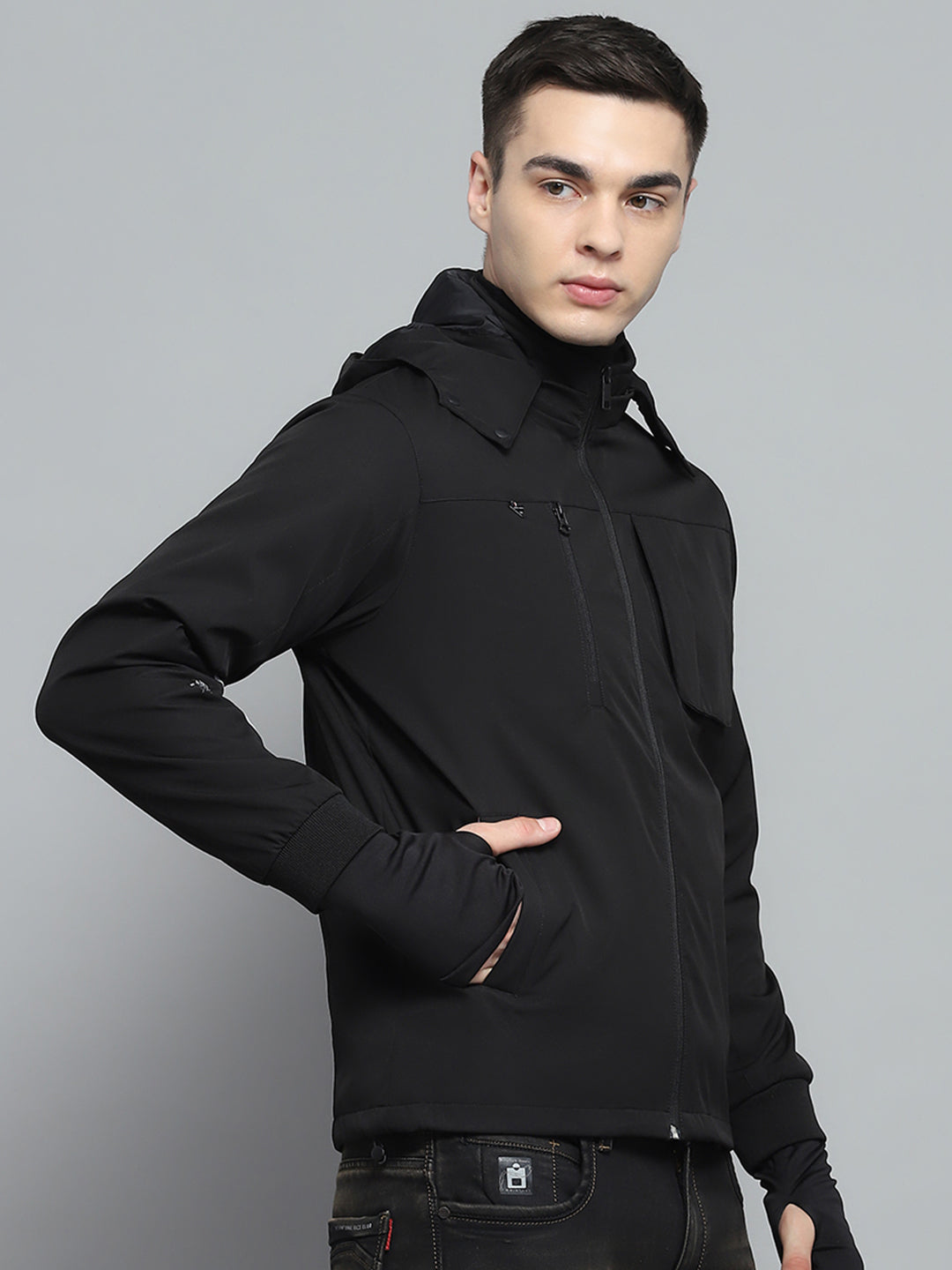 Men Black Solid Detachable Hood Full Sleeve Jacket