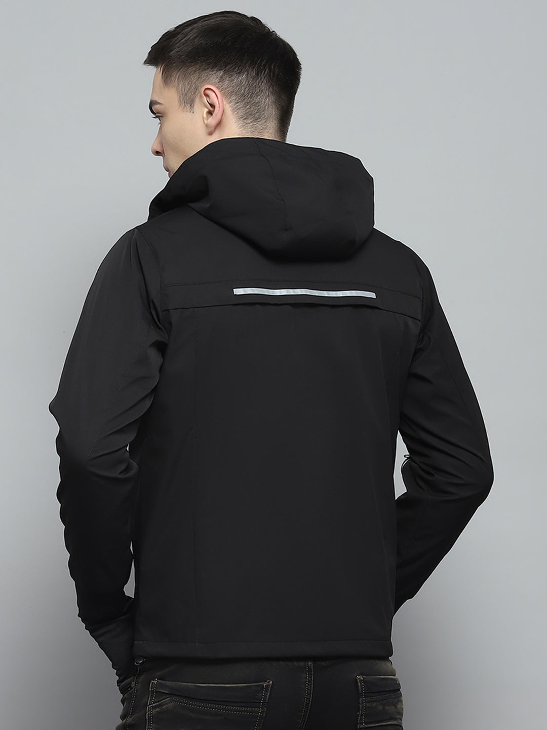 Men Black Solid Detachable Hood Full Sleeve Jacket