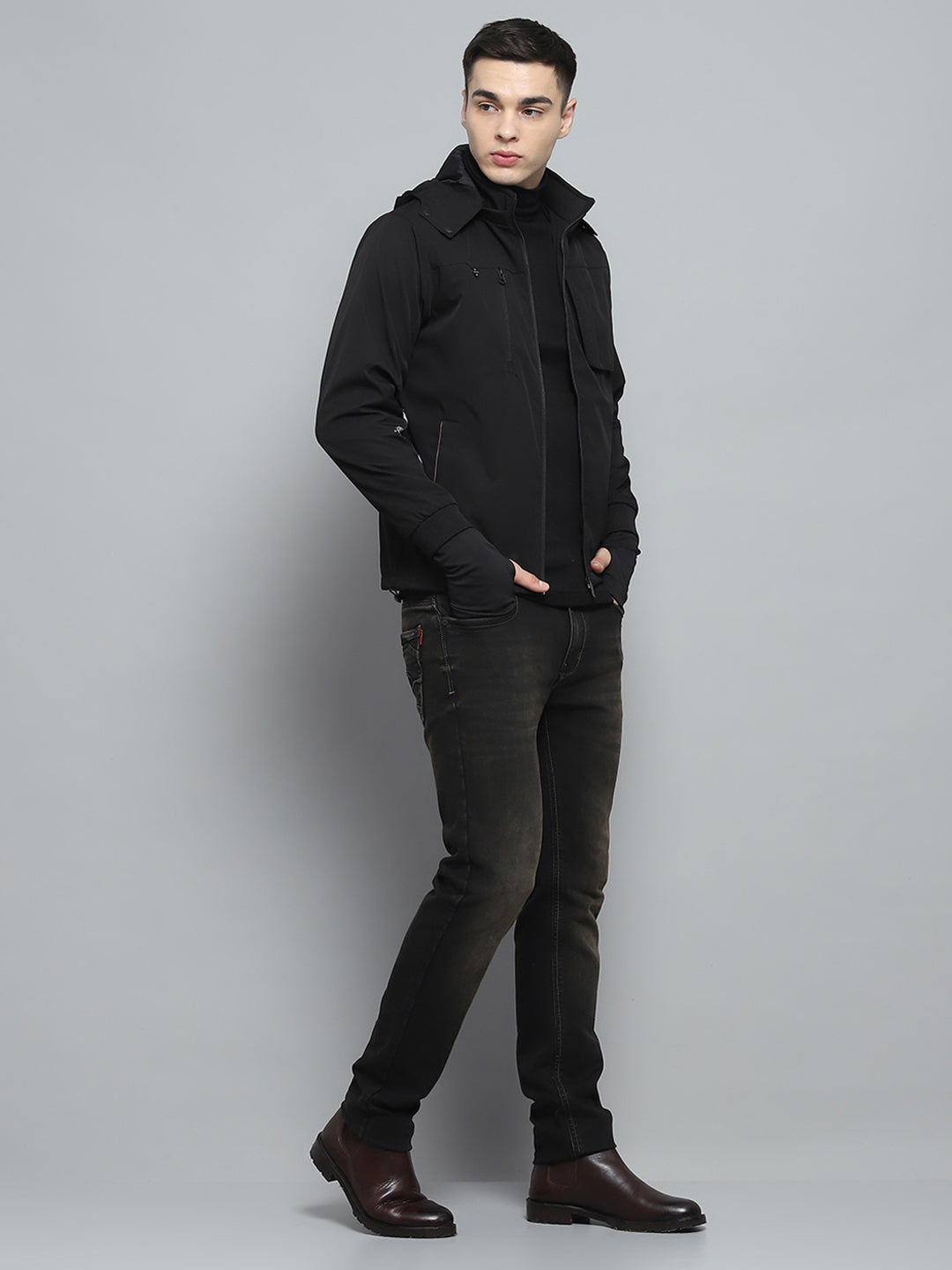 Men Black Solid Detachable Hood Full Sleeve Jacket