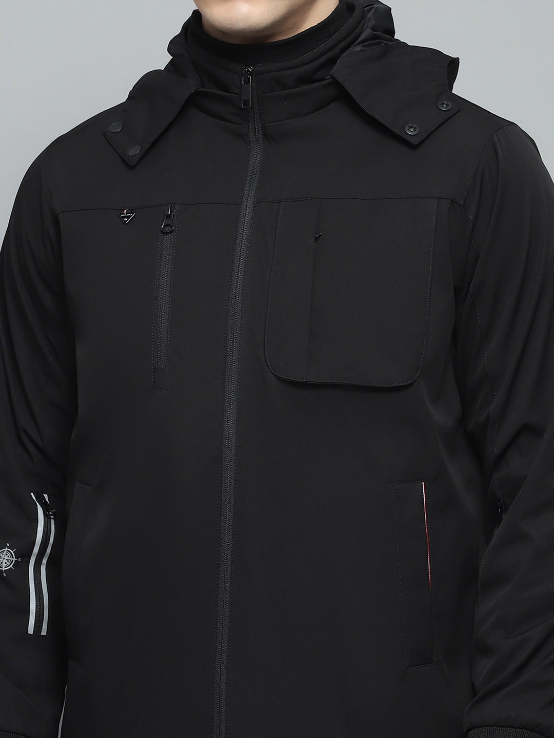 Men Black Solid Detachable Hood Full Sleeve Jacket