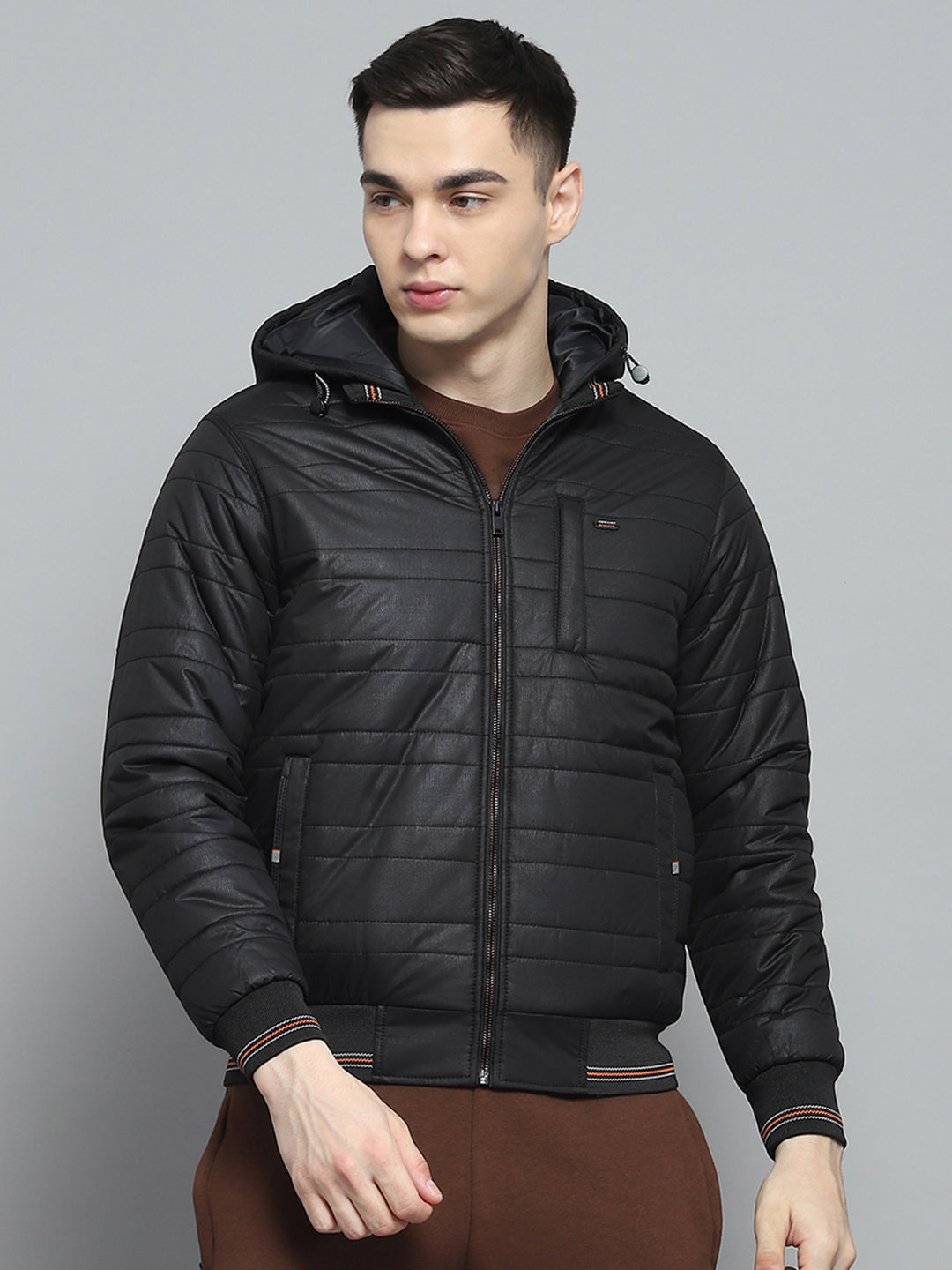 Men Black Solid Hooded Full Sleeve Jacket