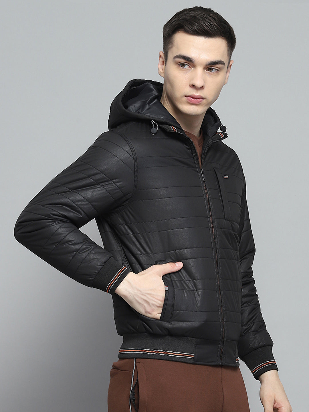 Men Black Solid Hooded Full Sleeve Jacket