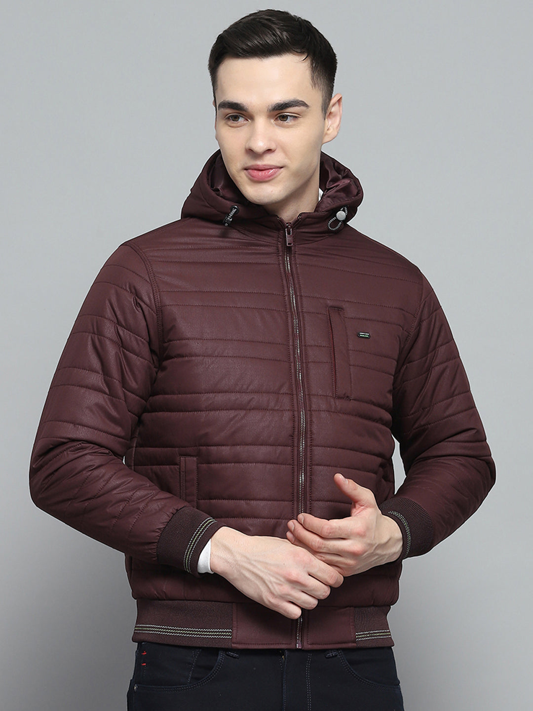 Men Maroon Solid Hooded Full Sleeve Jacket