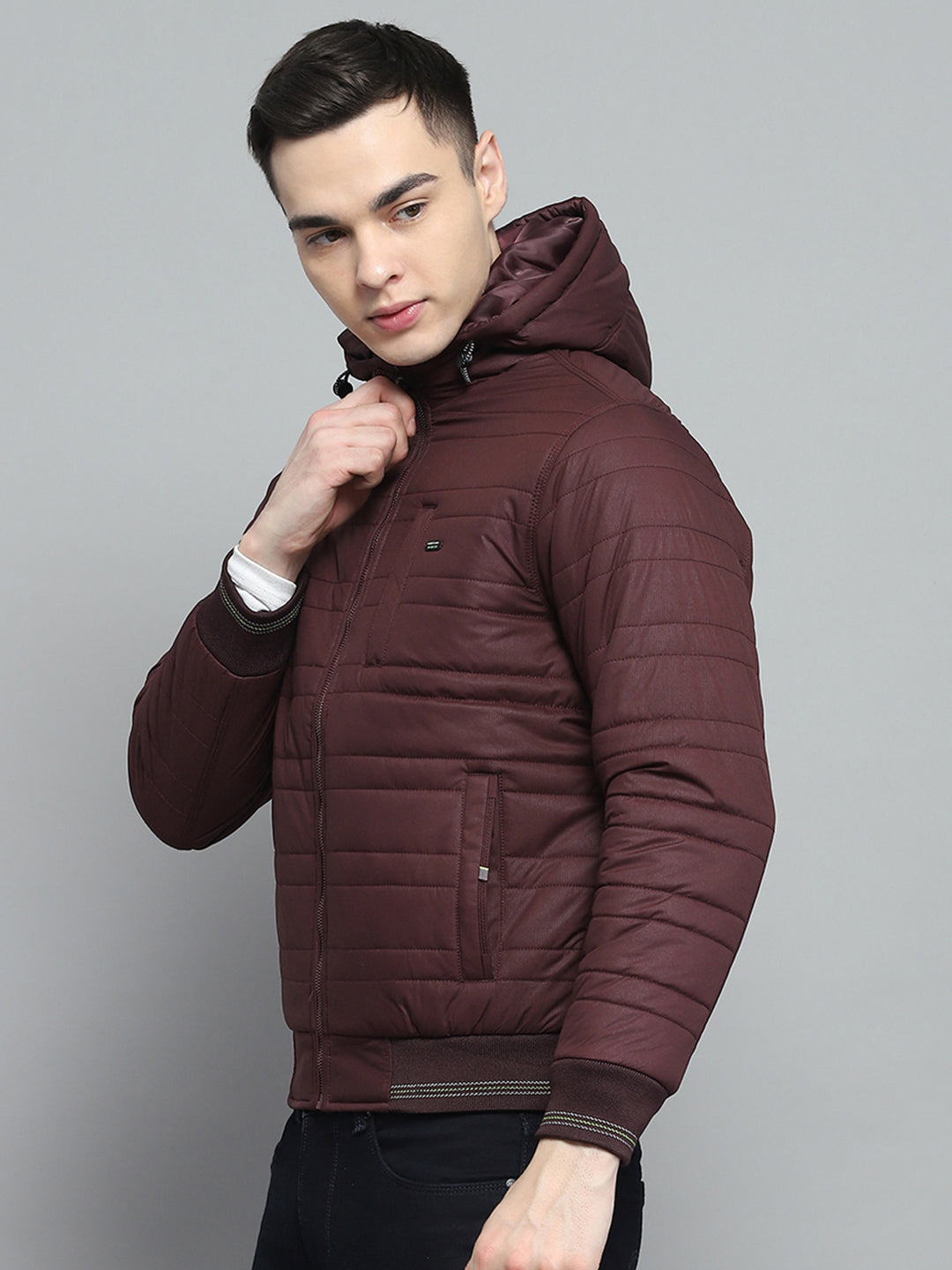 Men Maroon Solid Hooded Full Sleeve Jacket