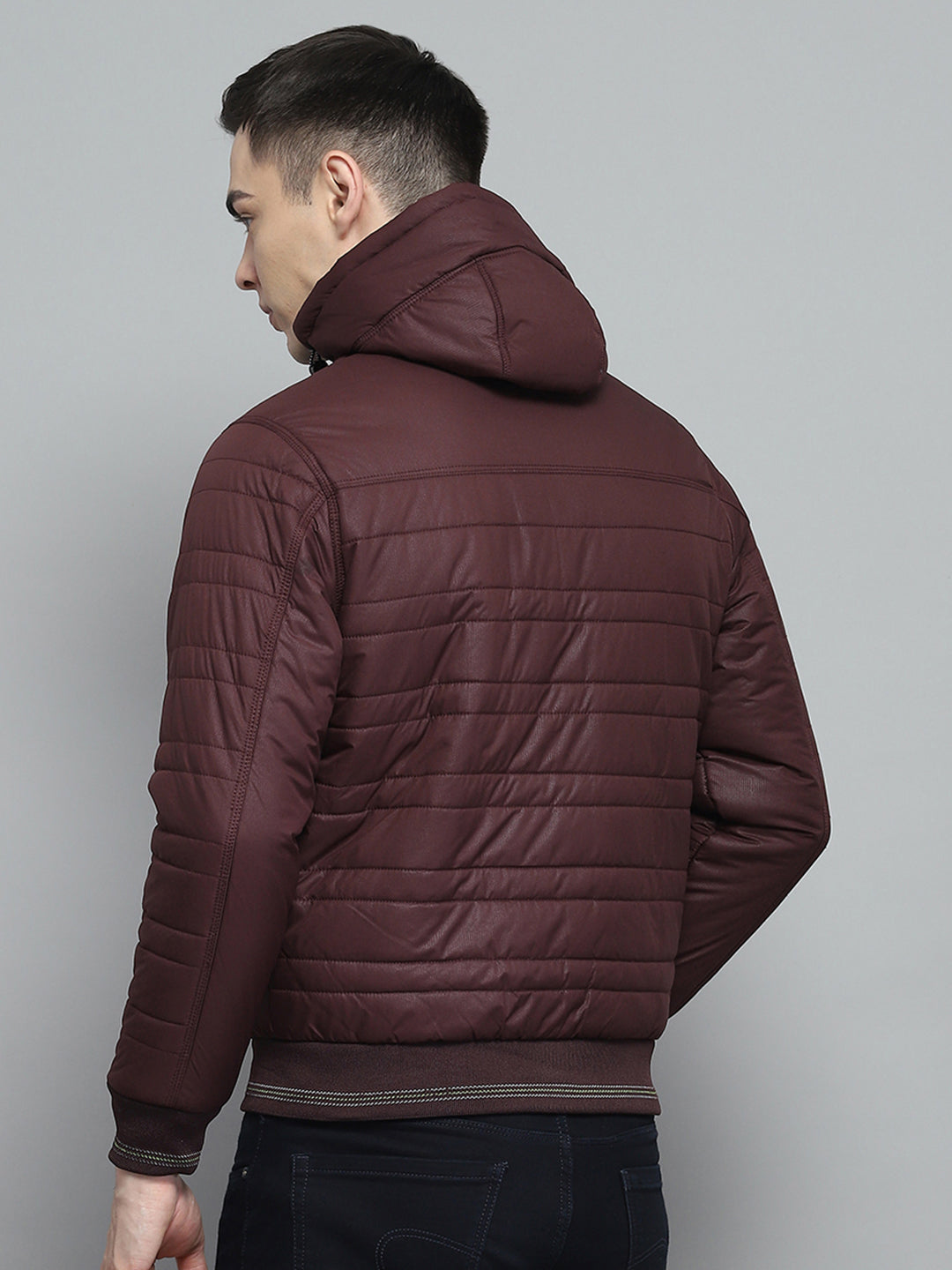 Men Maroon Solid Hooded Full Sleeve Jacket