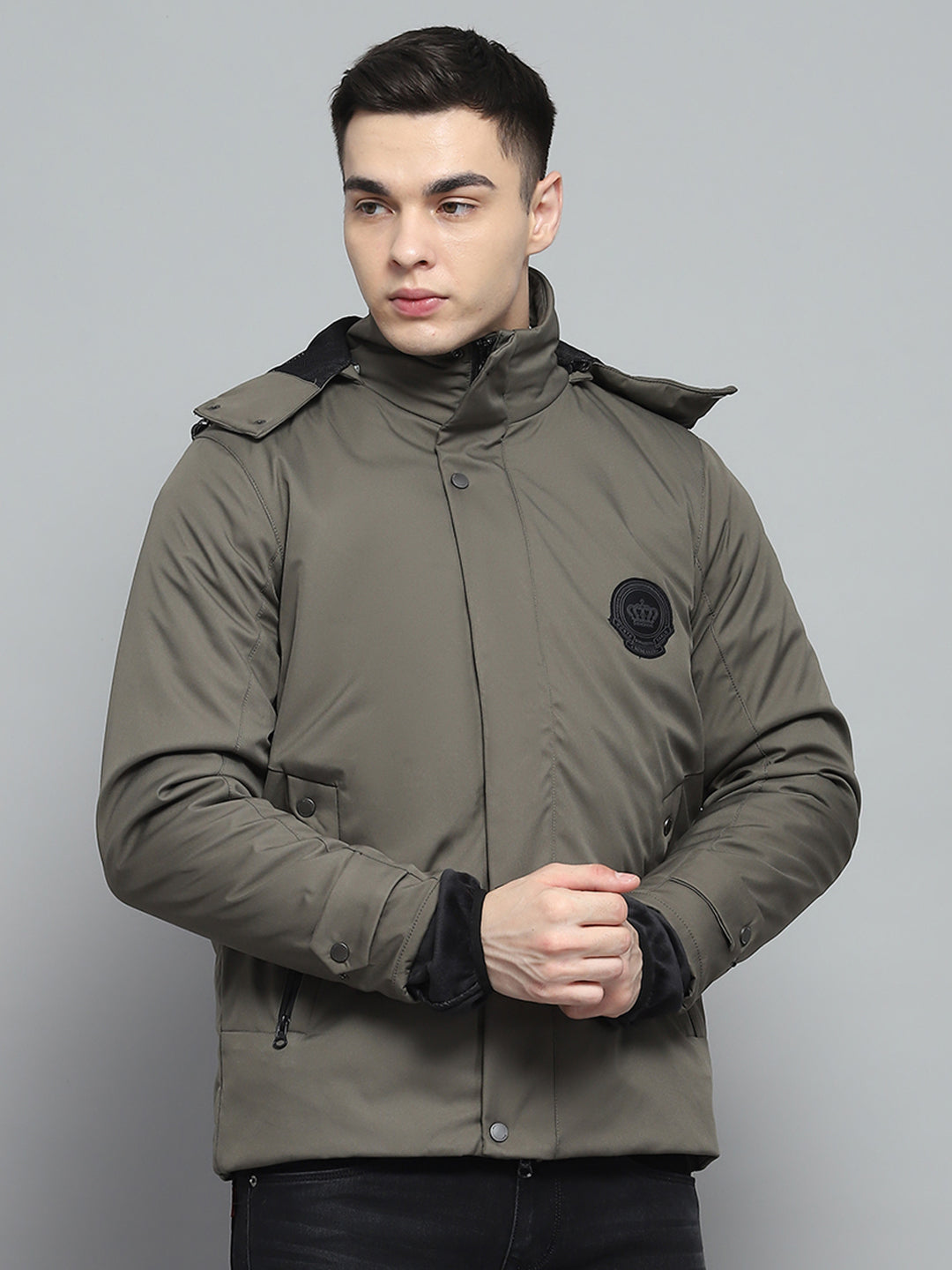 Men Olive Solid Detachable Hood Full Sleeve Jacket