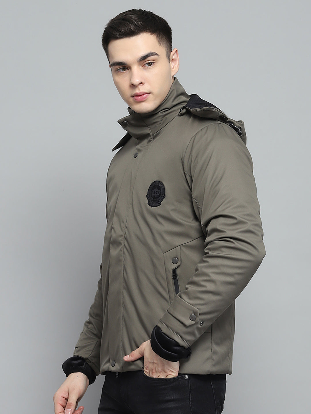 Men Olive Solid Detachable Hood Full Sleeve Jacket