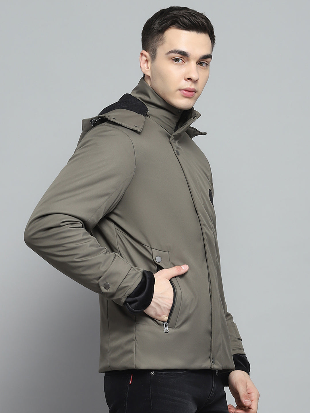 Men Olive Solid Detachable Hood Full Sleeve Jacket