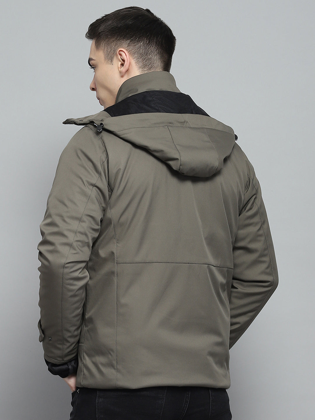 Men Olive Solid Detachable Hood Full Sleeve Jacket