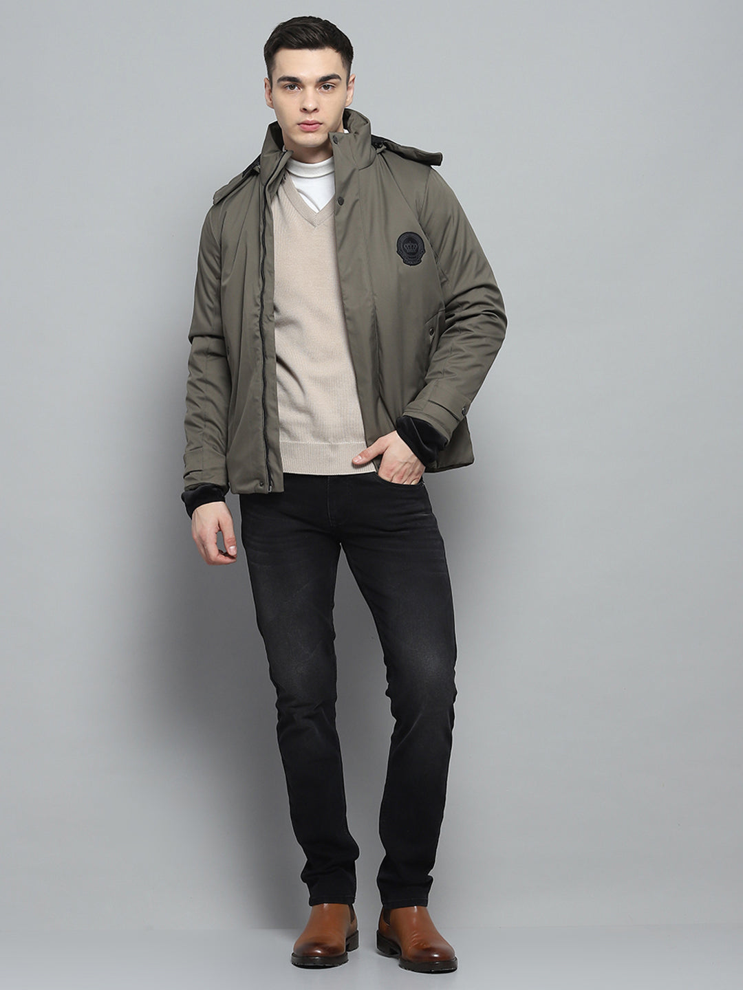 Men Olive Solid Detachable Hood Full Sleeve Jacket