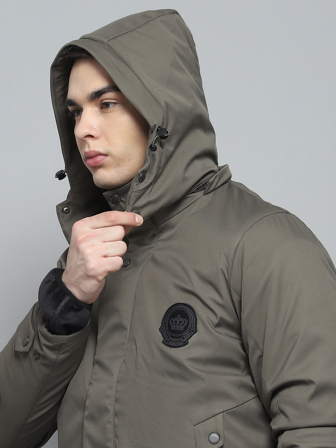 Men Olive Solid Detachable Hood Full Sleeve Jacket