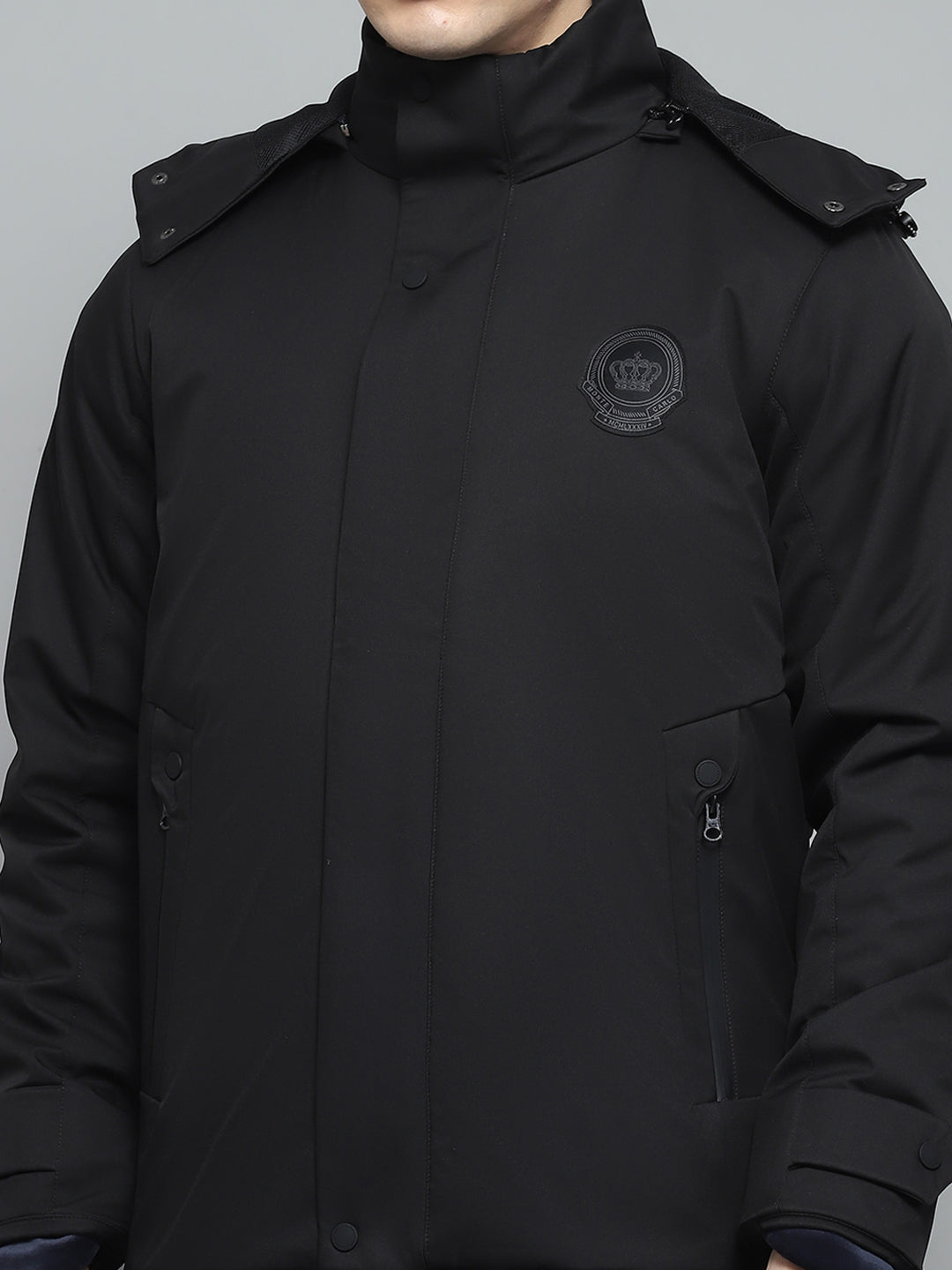 Men Black Solid Detachable Hood Full Sleeve Jacket