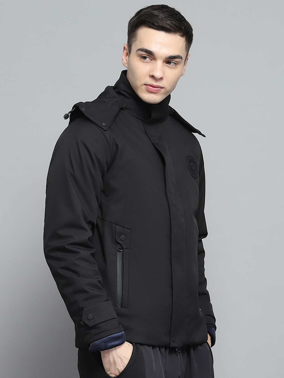 Men Black Solid Detachable Hood Full Sleeve Jacket