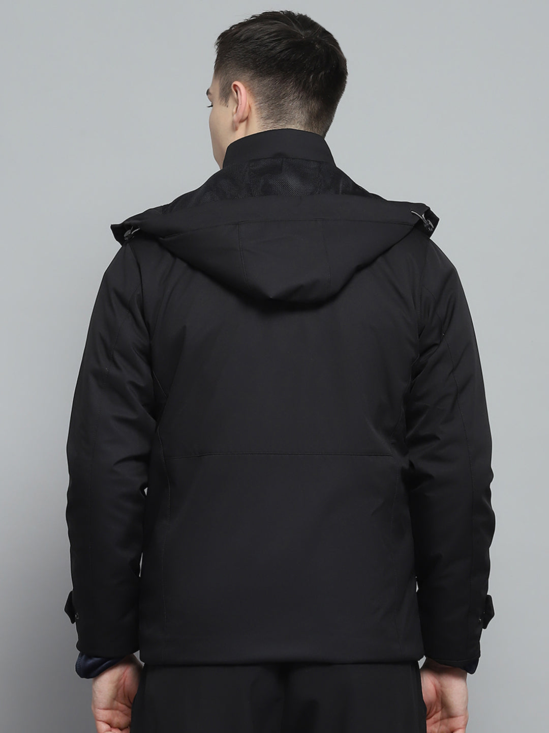 Men Black Solid Detachable Hood Full Sleeve Jacket