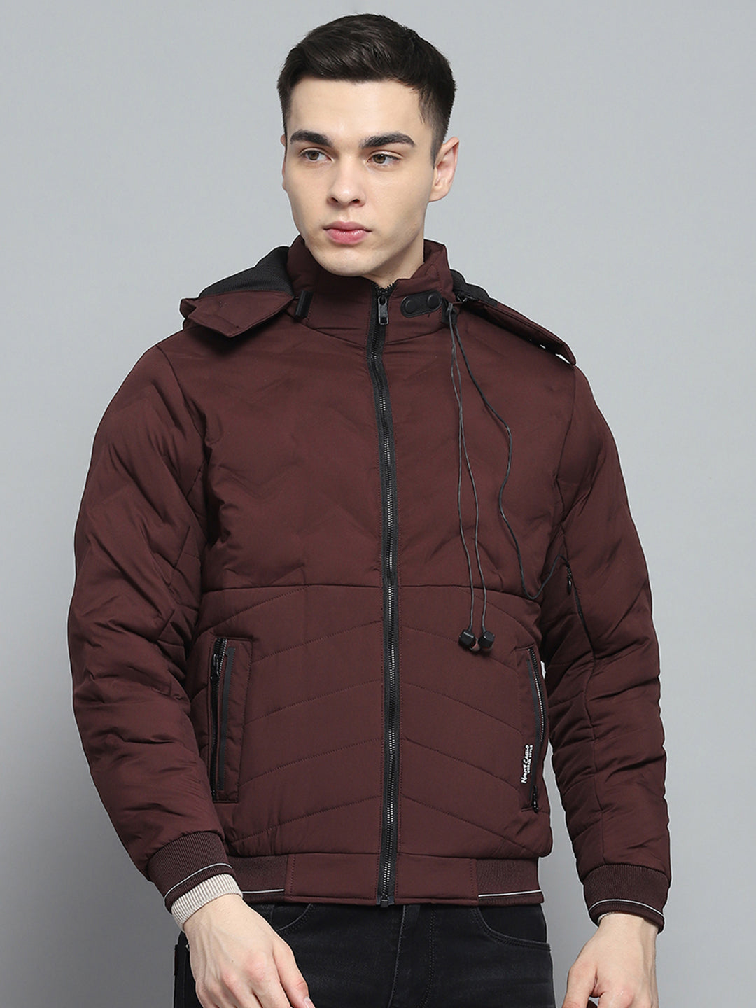 Men Maroon Solid Detachable Hood Full Sleeve Jacket