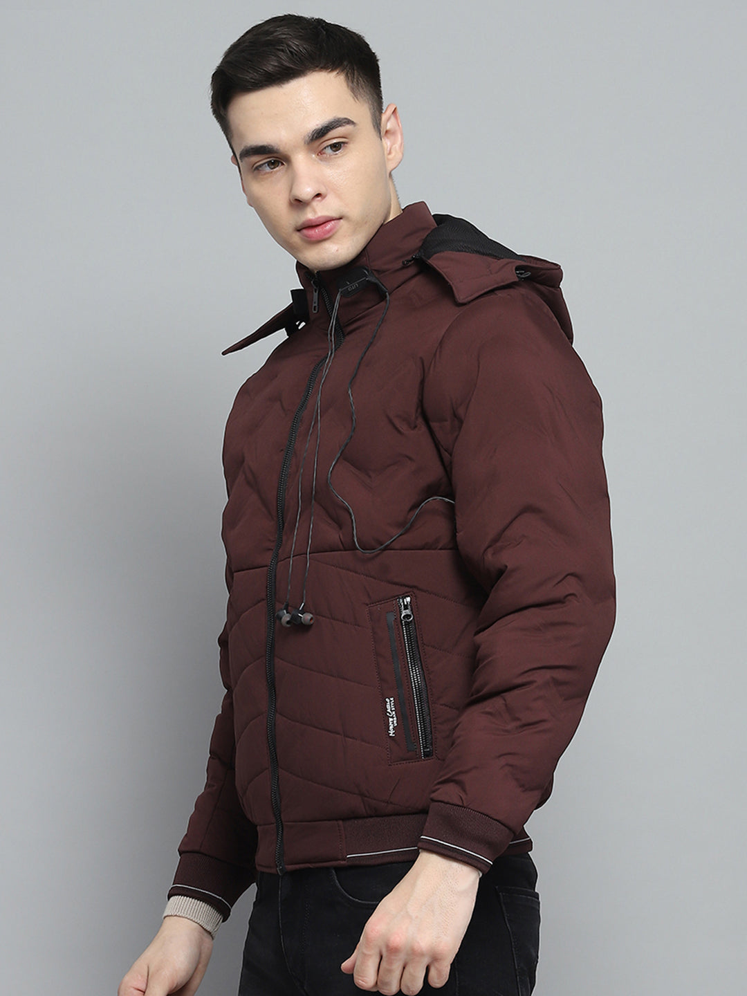 Men Maroon Solid Detachable Hood Full Sleeve Jacket