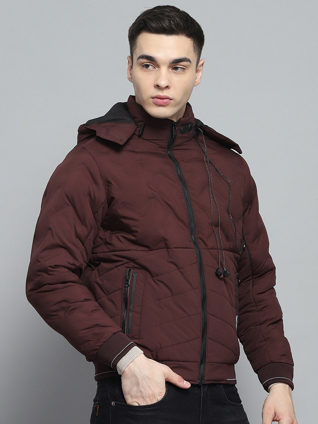 Men Maroon Solid Detachable Hood Full Sleeve Jacket