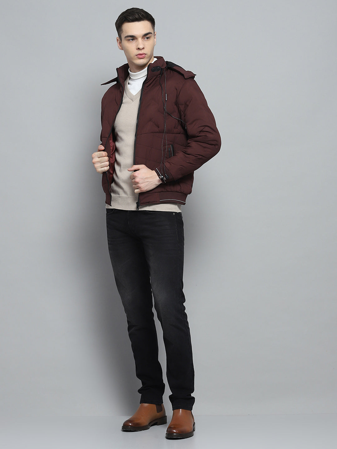 Men Maroon Solid Detachable Hood Full Sleeve Jacket