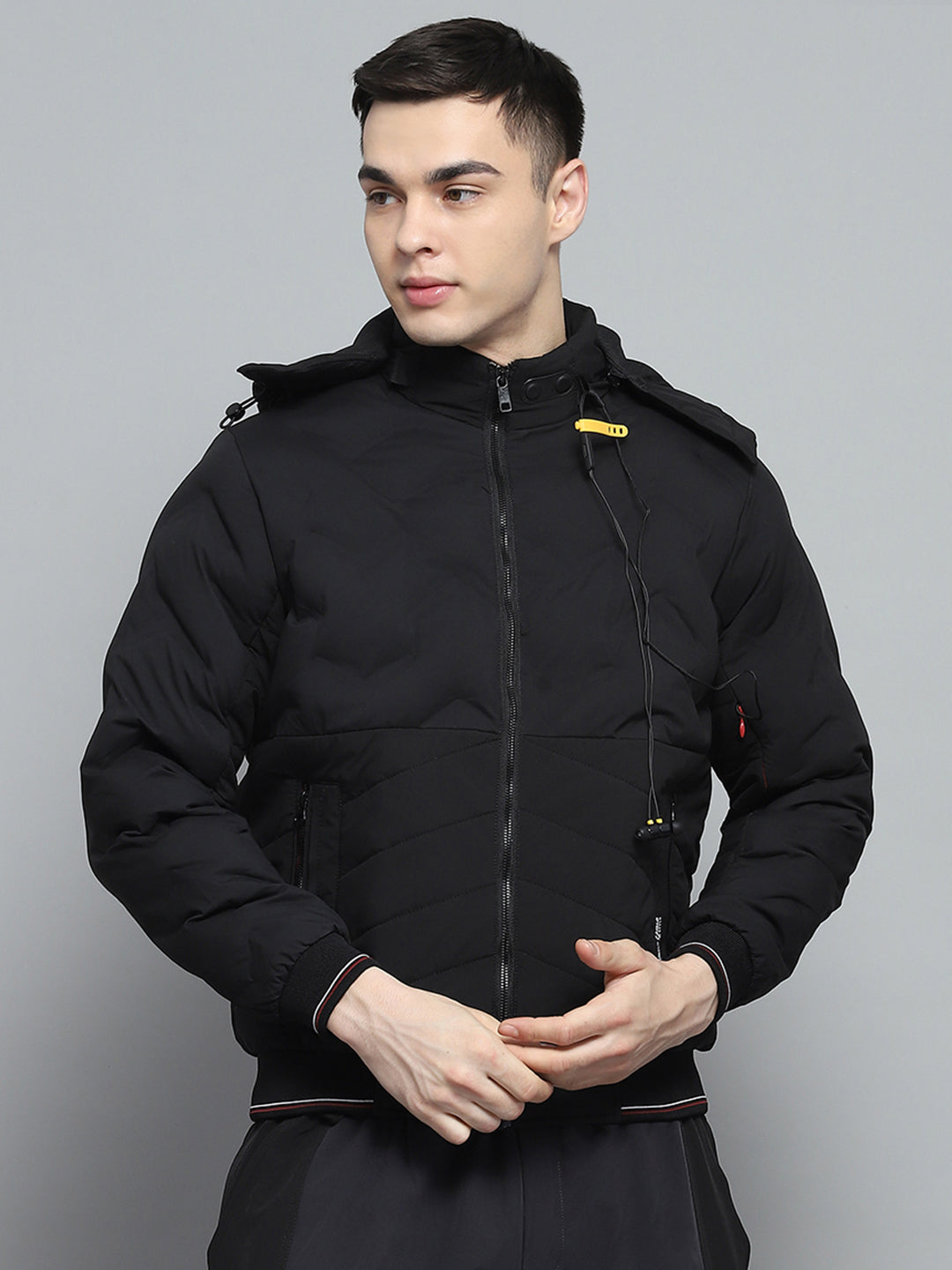 Men Black Solid Detachable Hood Full Sleeve Jacket