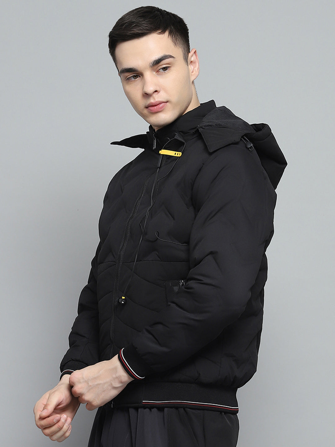 Men Black Solid Detachable Hood Full Sleeve Jacket