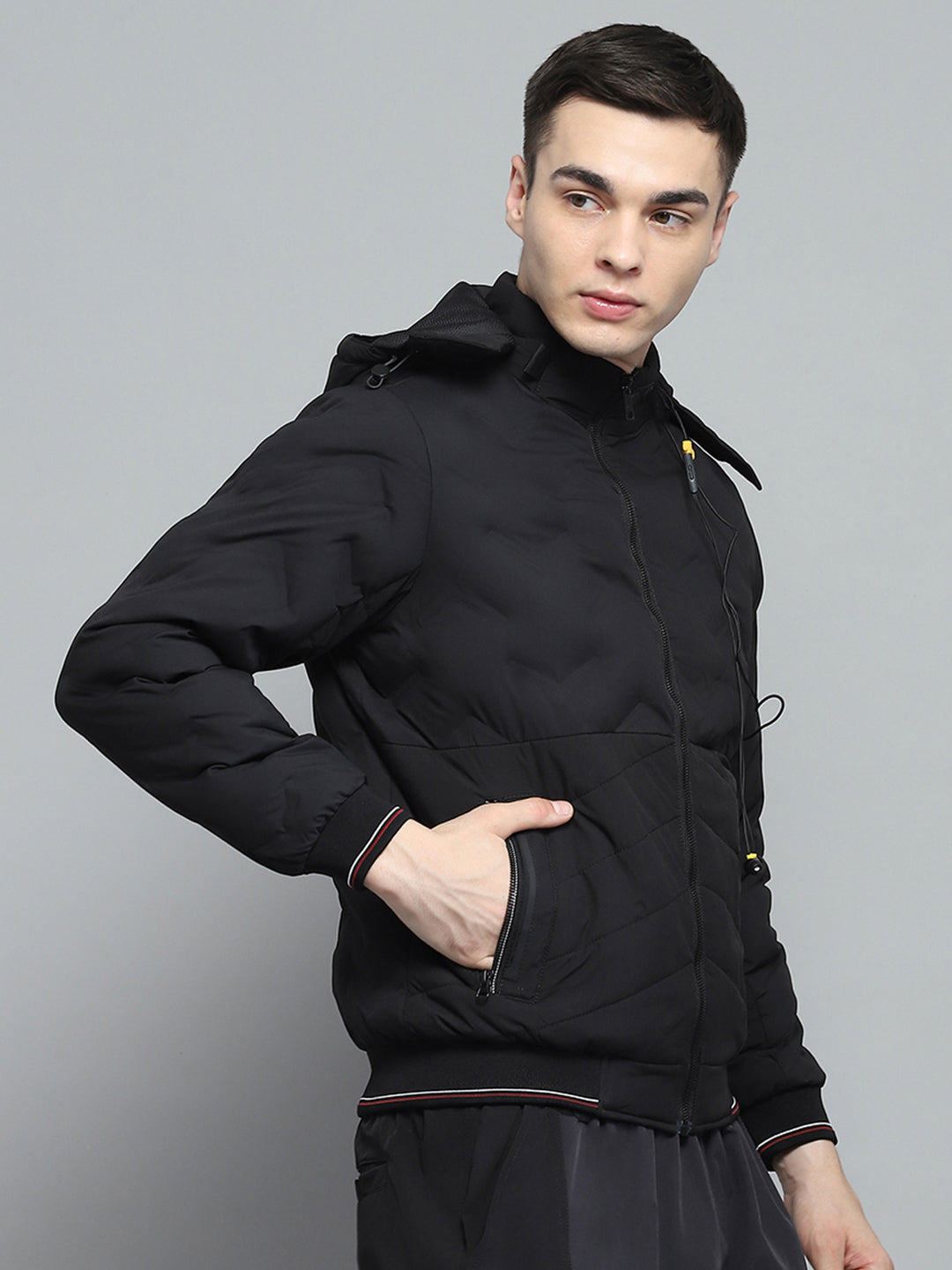 Men Black Solid Detachable Hood Full Sleeve Jacket