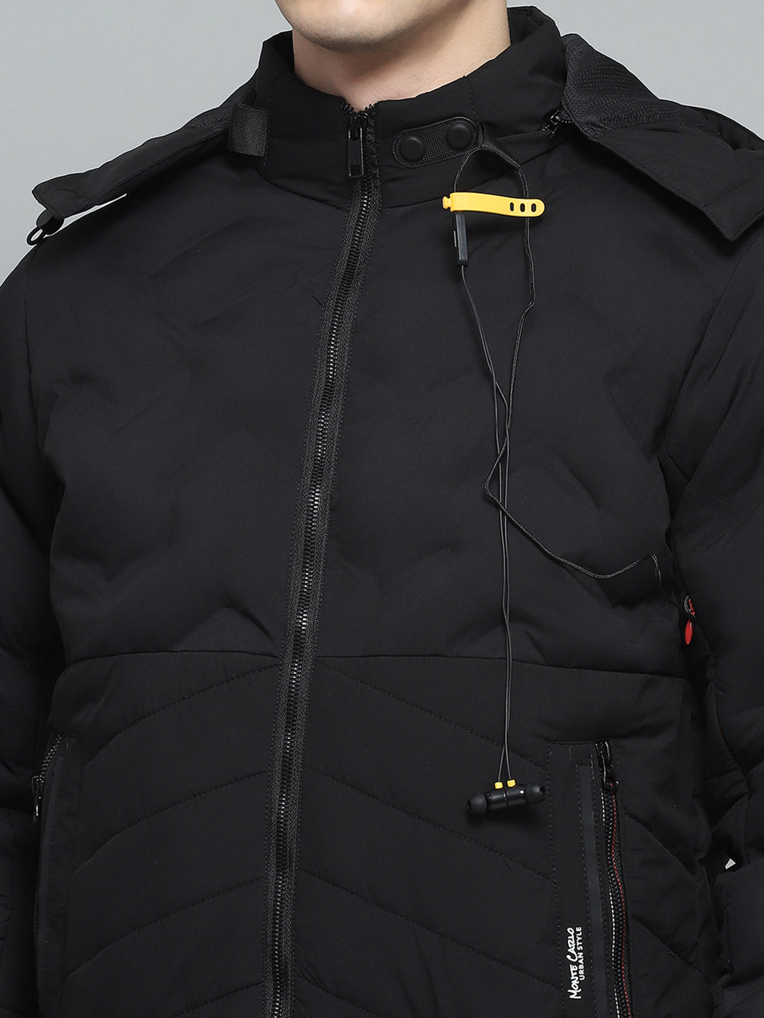 Men Black Solid Detachable Hood Full Sleeve Jacket