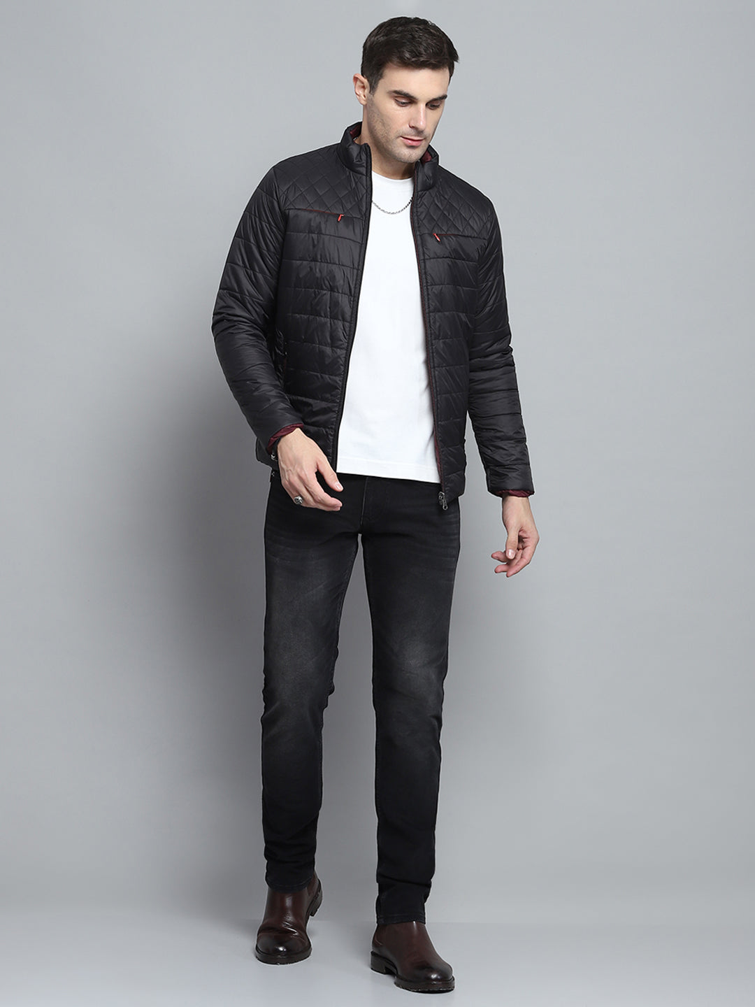 Men Black Solid Mock Neck Full Sleeve Jacket