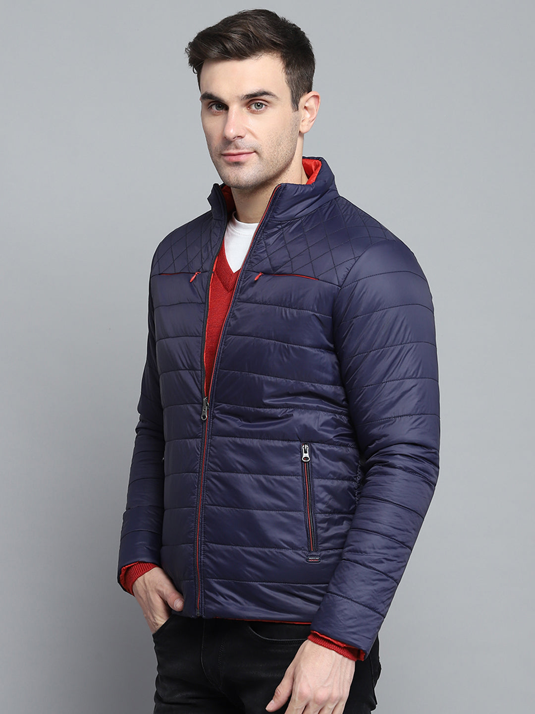 Men Navy Blue Solid Mock Neck Full Sleeve Jacket