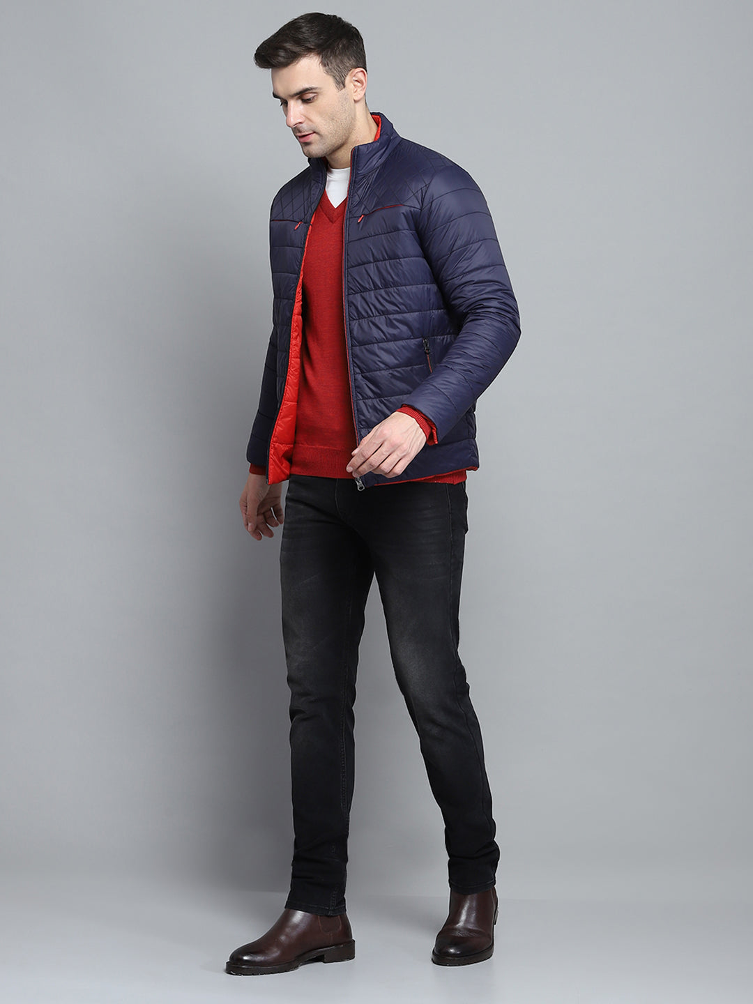 Men Navy Blue Solid Mock Neck Full Sleeve Jacket