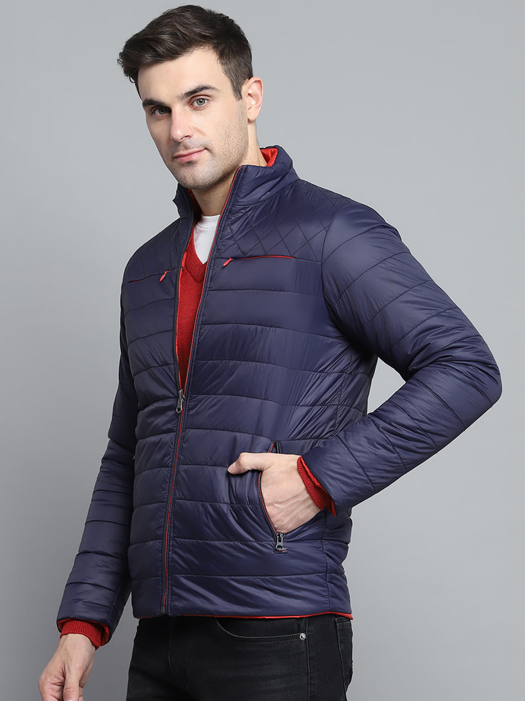 Men Navy Blue Solid Mock Neck Full Sleeve Jacket