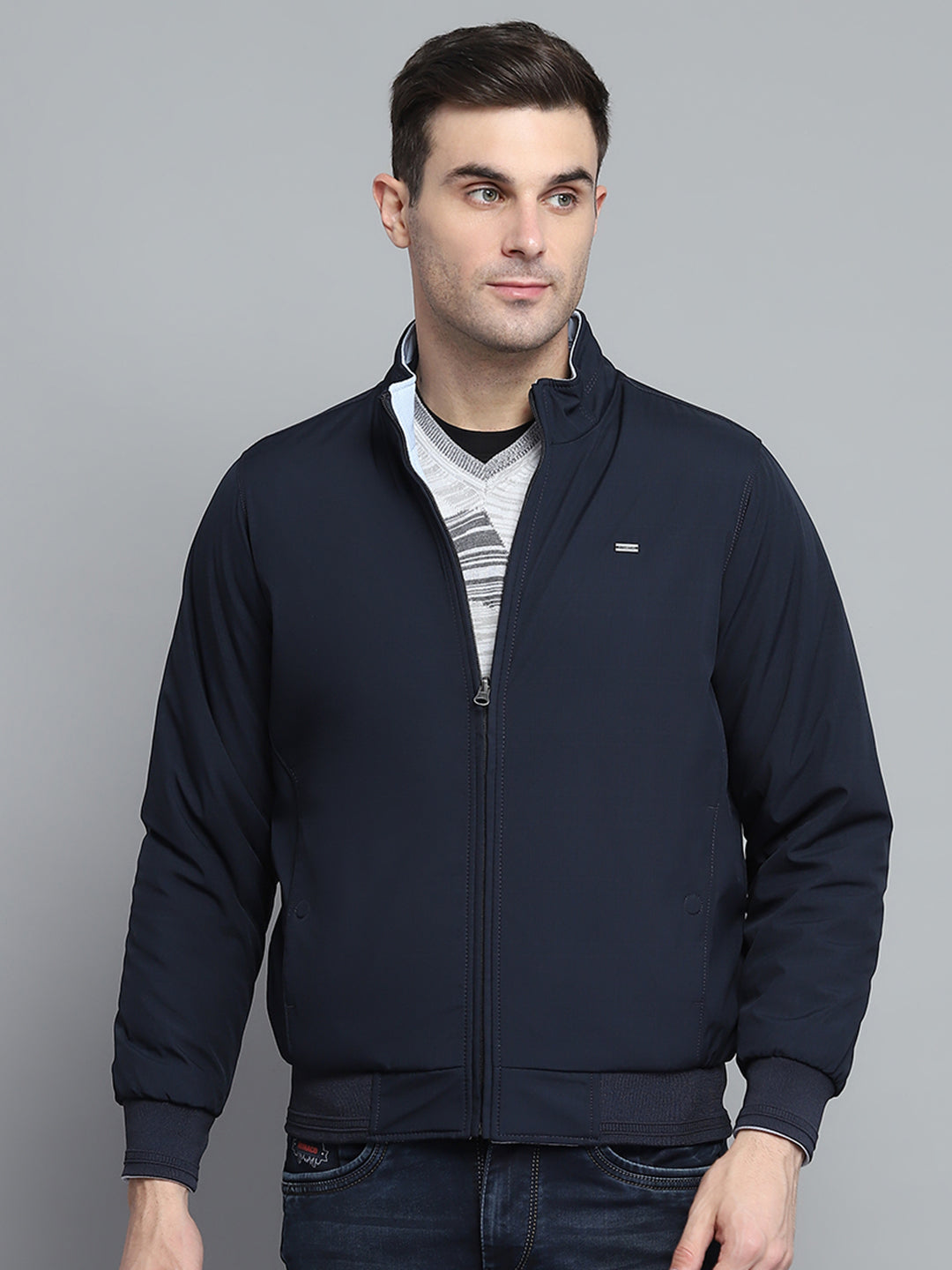 Men Navy Blue Solid Mock Neck Full Sleeve Jacket