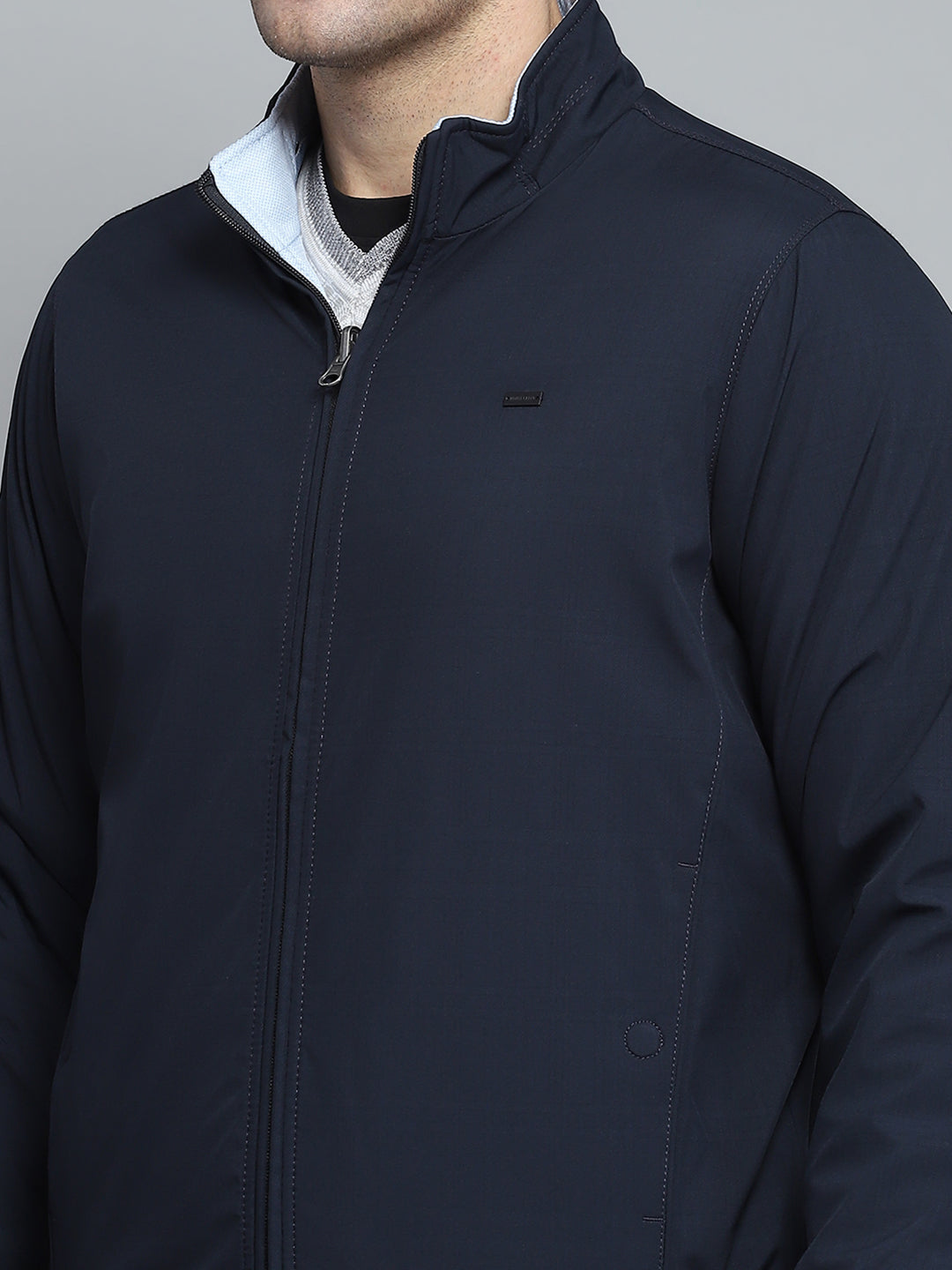 Men Navy Blue Solid Mock Neck Full Sleeve Jacket