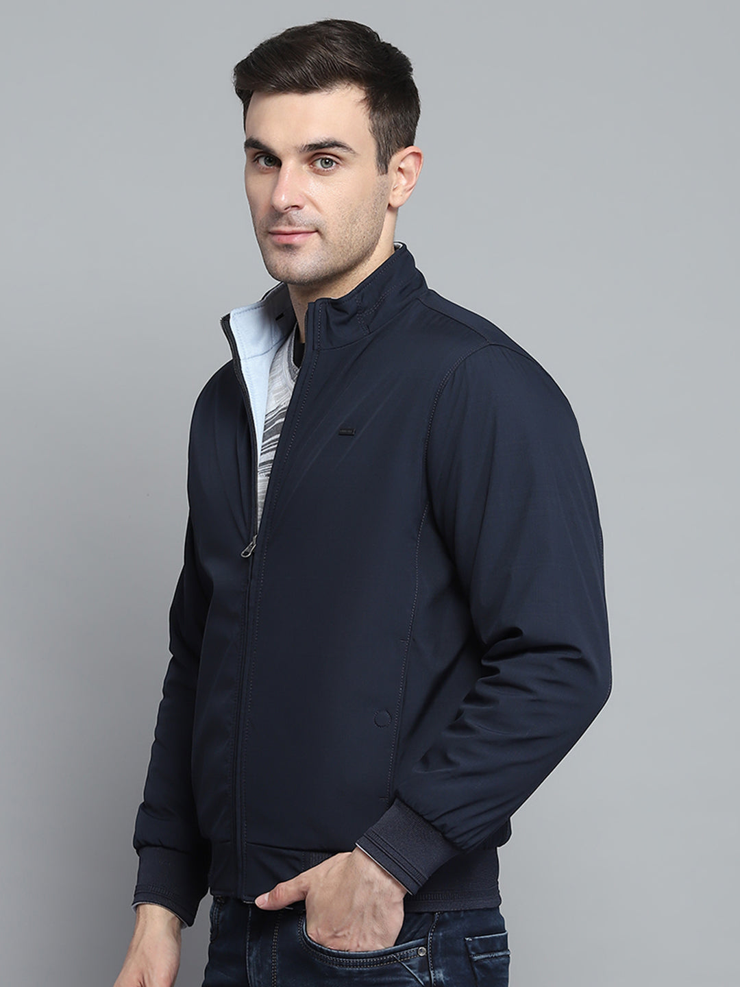 Men Navy Blue Solid Mock Neck Full Sleeve Jacket